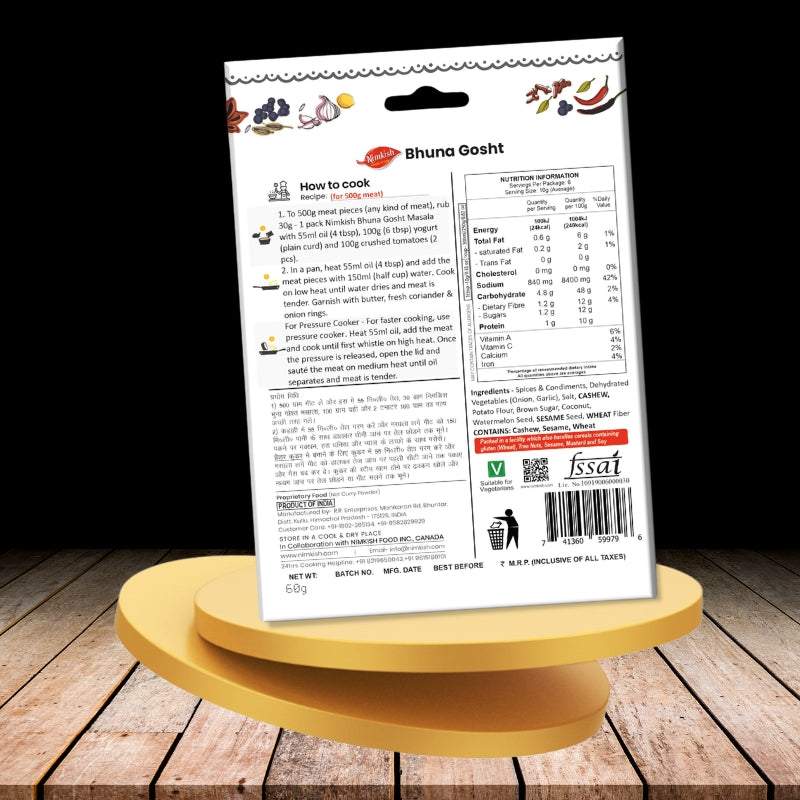 Bhuna Gosht packaging with nutritional information on a wooden stand